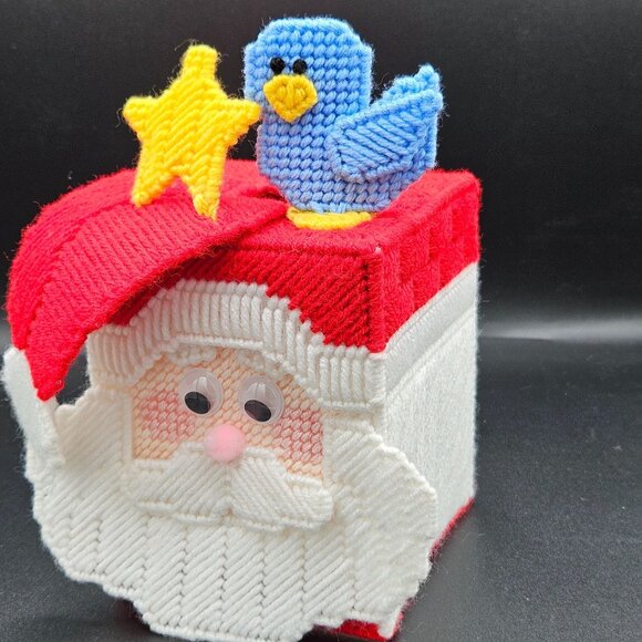 Handcrafted Santa Claus Tissue Box Cover With Bluebird & Yellow Star Design - Picture 6 of 6